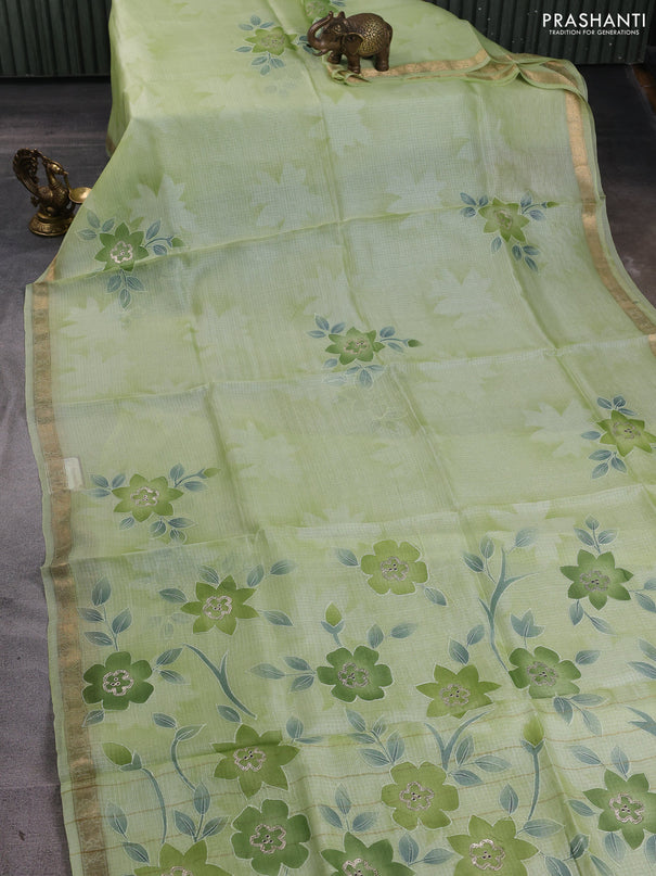 Silk kota saree pista green with floral prints & pita work and zari woven border