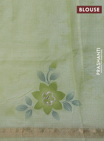Silk kota saree pista green with floral prints & pita work and zari woven border