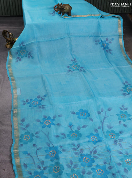 Silk kota saree light blue with floral prints & pita work and zari woven border