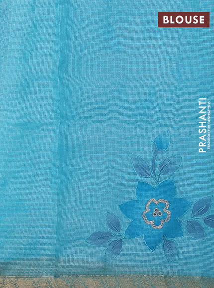Silk kota saree light blue with floral prints & pita work and zari woven border