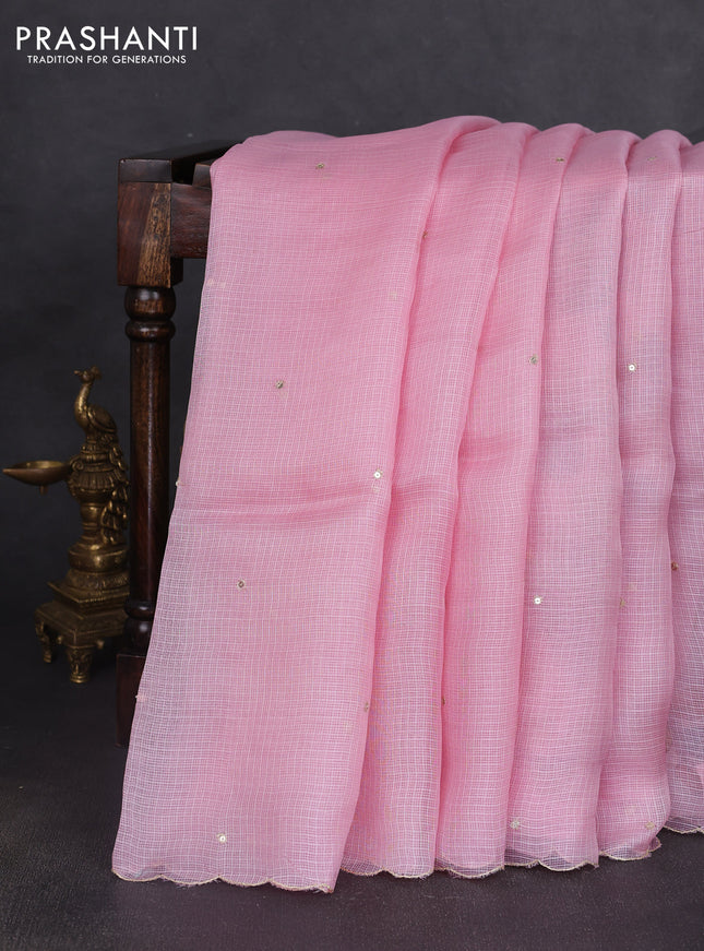 Silk kota saree light pink with sequin embroidery work and kalamkari prints & pita work blouse