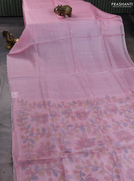 Silk kota saree light pink with sequin embroidery work and kalamkari prints & pita work blouse