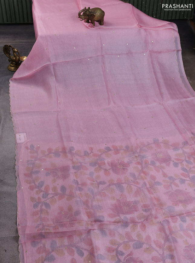 Silk kota saree light pink with sequin embroidery work and kalamkari prints & pita work blouse