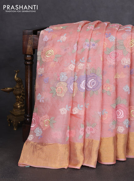 Silk kota saree dark peach with allover floral embroidery work and zari woven border