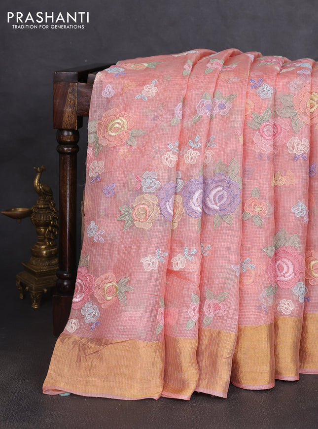 Silk kota saree dark peach with allover floral embroidery work and zari woven border