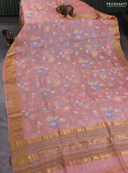 Silk kota saree dark peach with allover floral embroidery work and zari woven border