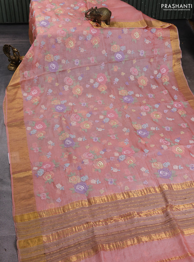 Silk kota saree dark peach with allover floral embroidery work and zari woven border
