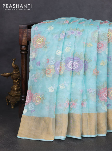 Silk kota saree light blue with allover floral embroidery work and zari woven border