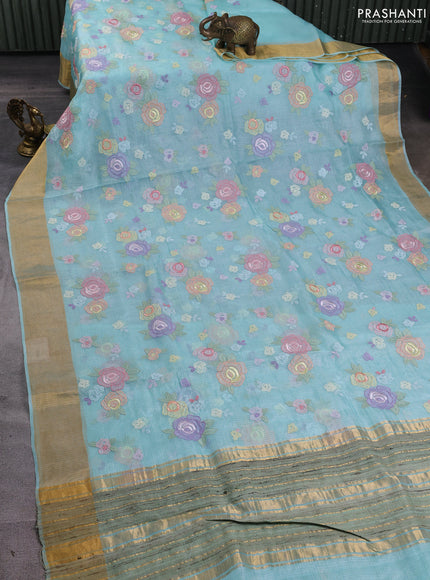 Silk kota saree light blue with allover floral embroidery work and zari woven border