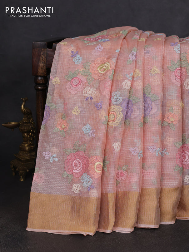 Silk kota saree peach orange with allover floral embroidery work and zari woven border