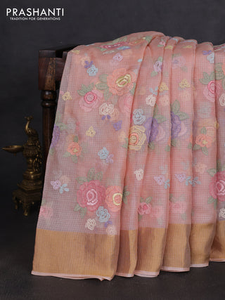 Silk kota saree peach orange with allover floral embroidery work and zari woven border