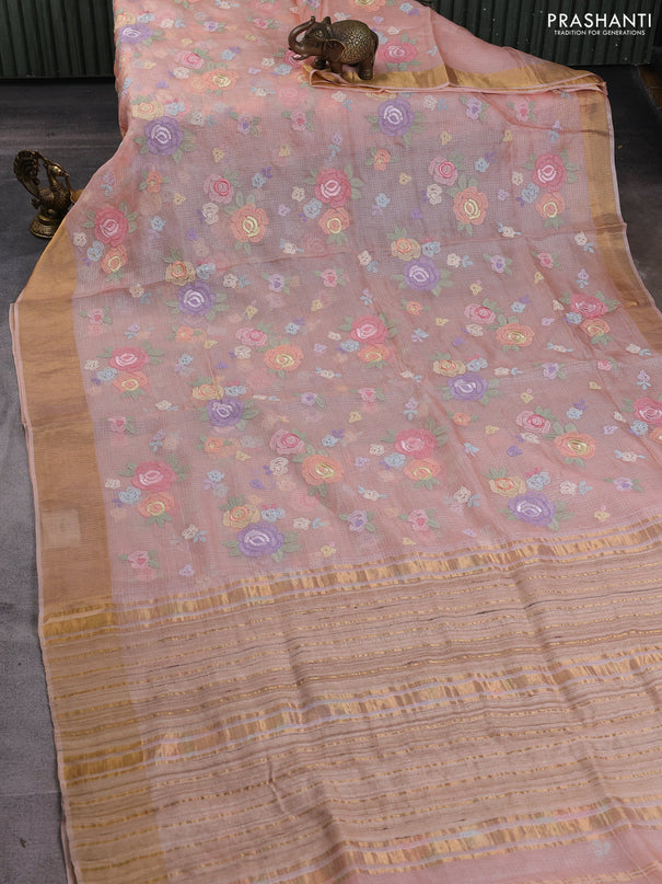 Silk kota saree peach orange with allover floral embroidery work and zari woven border