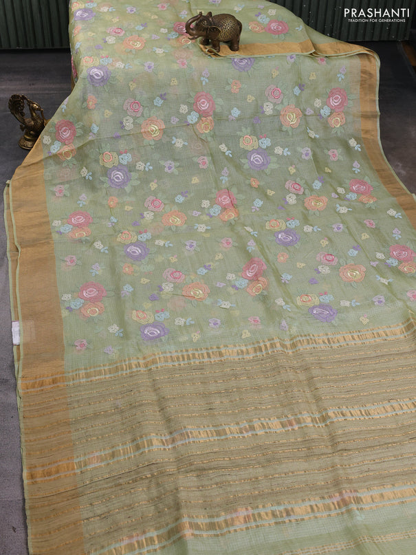 Silk kota saree pista green with allover floral embroidery work and zari woven border