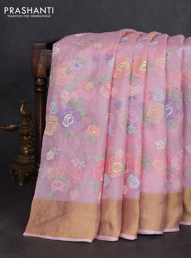 Silk kota saree light pink with allover floral embroidery work and zari woven border