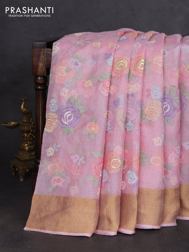 Silk kota saree light pink with allover floral embroidery work and zari woven border
