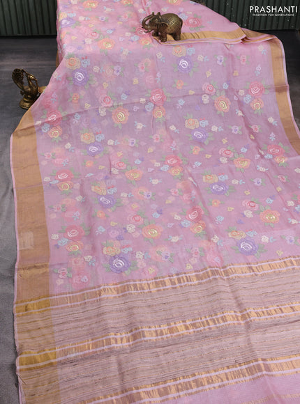 Silk kota saree light pink with allover floral embroidery work and zari woven border