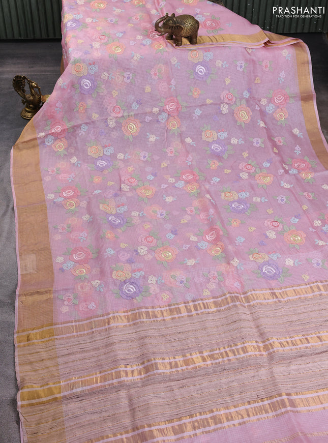 Silk kota saree light pink with allover floral embroidery work and zari woven border