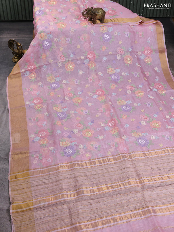 Silk kota saree light pink with allover floral embroidery work and zari woven border