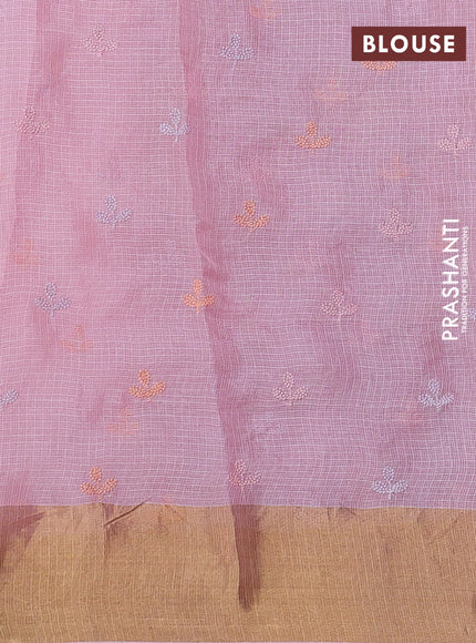 Silk kota saree light pink with allover floral embroidery work and zari woven border
