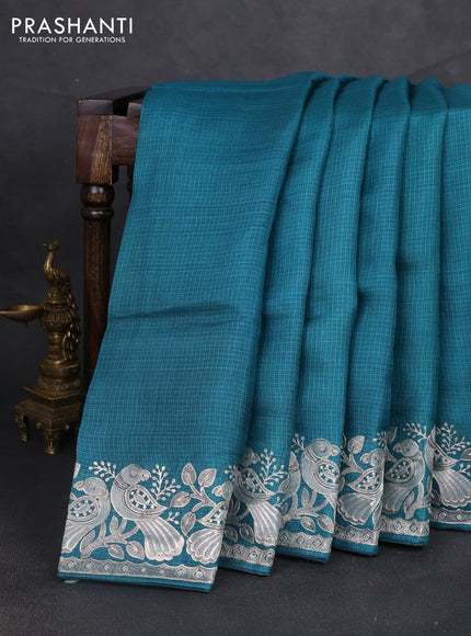Silk kota saree peacock green with plain body and embroidery work border