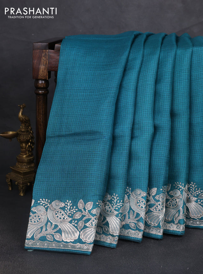 Silk kota saree peacock green with plain body and embroidery work border