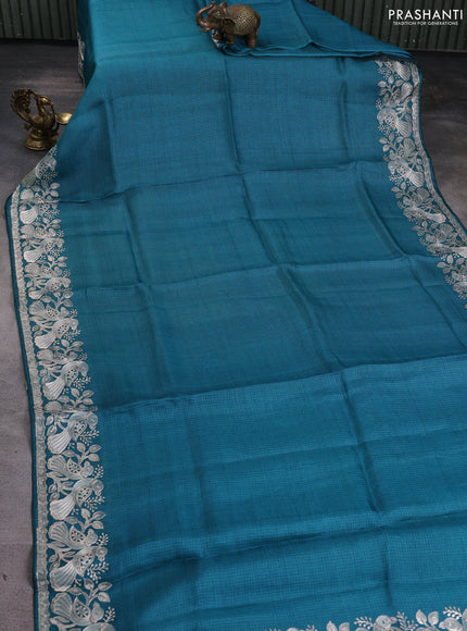 Silk kota saree peacock green with plain body and embroidery work border