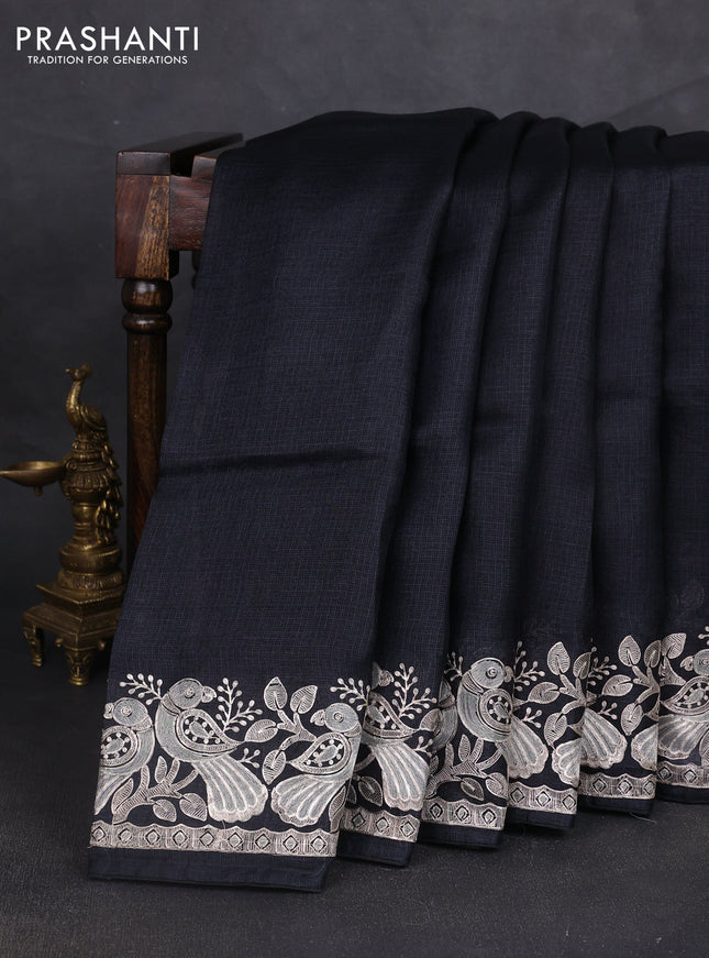 Silk kota saree black with plain body and embroidery work border