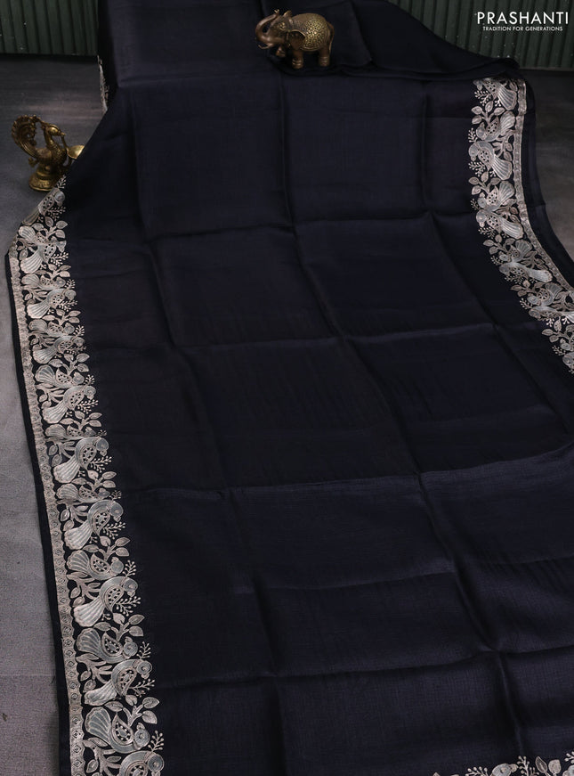 Silk kota saree black with plain body and embroidery work border