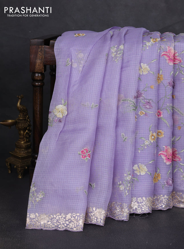 Silk kota saree lavender with allover floral embroidery work and embroidery work border