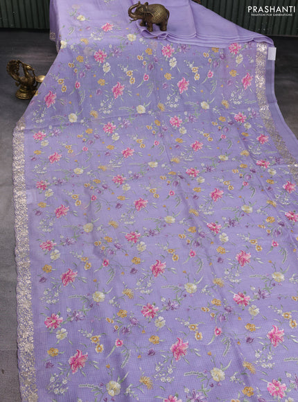 Silk kota saree lavender with allover floral embroidery work and embroidery work border