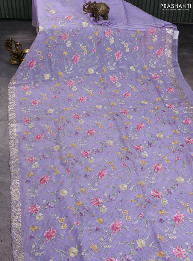 Silk kota saree lavender with allover floral embroidery work and embroidery work border