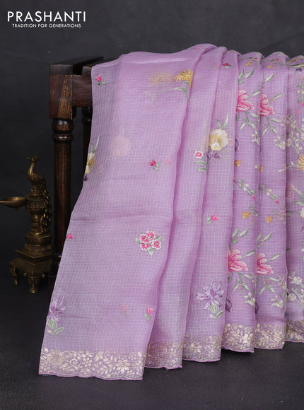 Silk kota saree mild lavender with allover floral embroidery work and embroidery work border