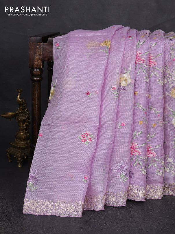 Silk kota saree mild lavender with allover floral embroidery work and embroidery work border