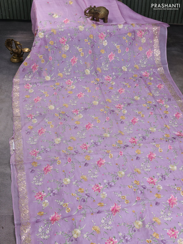Silk kota saree mild lavender with allover floral embroidery work and embroidery work border