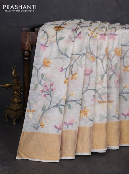 Silk kota saree cream with allover floral embroidery work and zari woven border