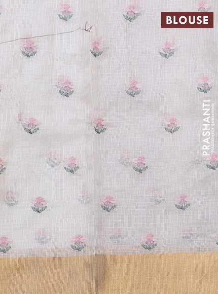 Silk kota saree cream with allover floral embroidery work and zari woven border