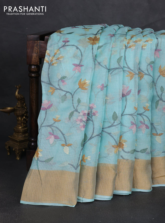 Silk kota saree light blue with allover floral embroidery work and zari woven border