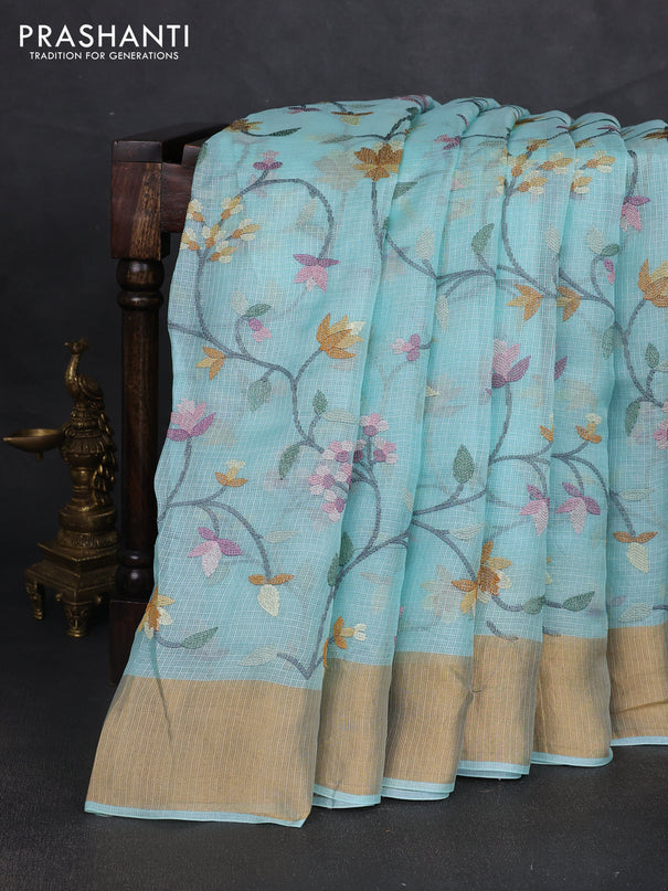 Silk kota saree light blue with allover floral embroidery work and zari woven border