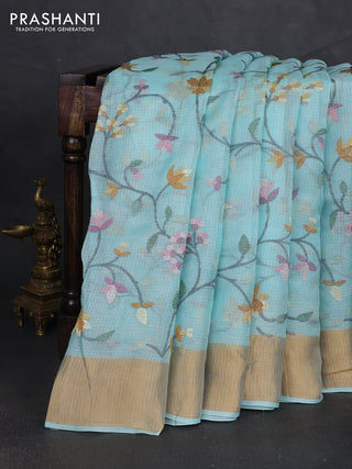 Silk kota saree light blue with allover floral embroidery work and zari woven border