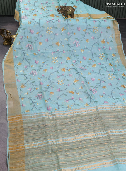 Silk kota saree light blue with allover floral embroidery work and zari woven border