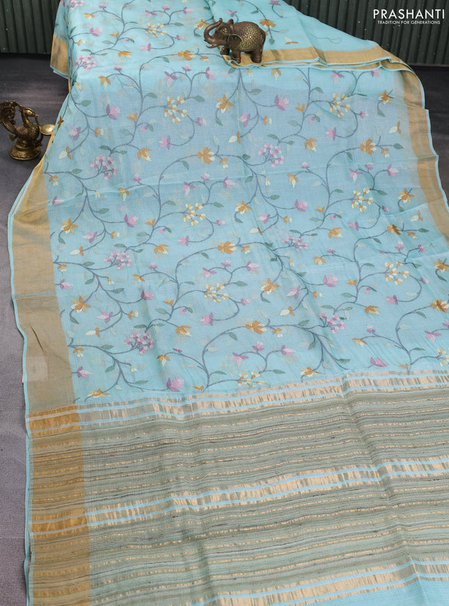Silk kota saree light blue with allover floral embroidery work and zari woven border