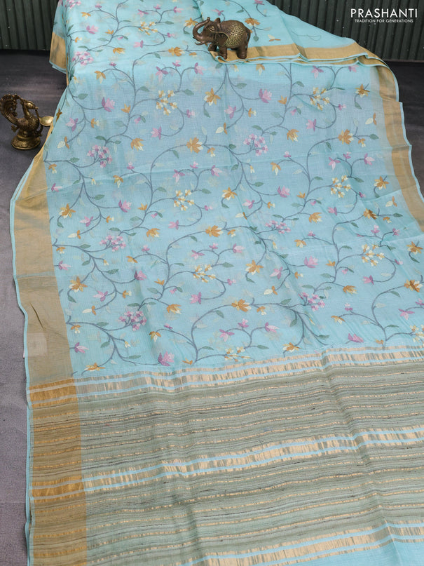 Silk kota saree light blue with allover floral embroidery work and zari woven border