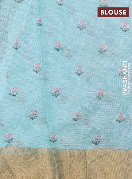 Silk kota saree light blue with allover floral embroidery work and zari woven border