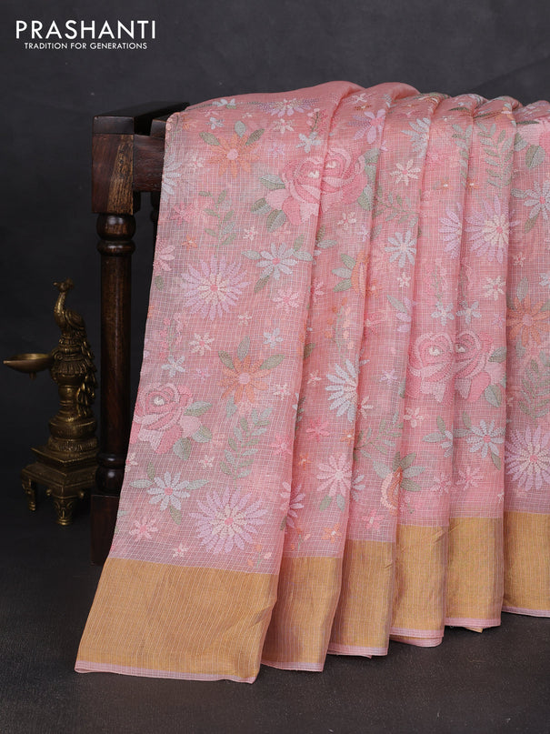 Silk kota saree peach shade with allover floral embroidery work and zari woven border