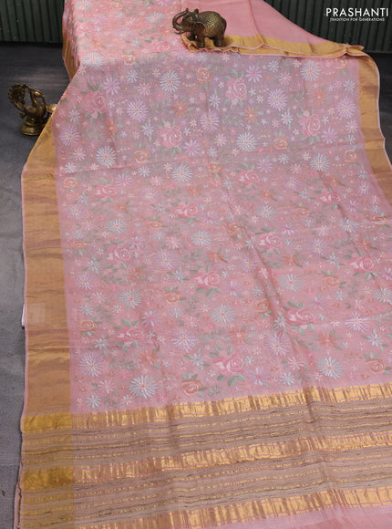 Silk kota saree peach shade with allover floral embroidery work and zari woven border