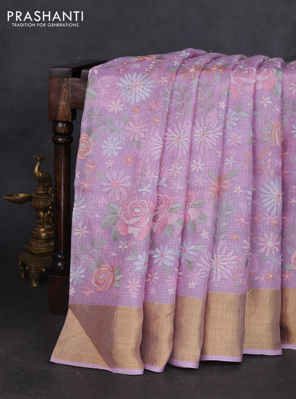 Silk kota saree lavender with allover floral embroidery work and zari woven border