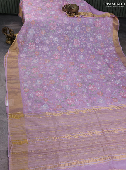 Silk kota saree lavender with allover floral embroidery work and zari woven border