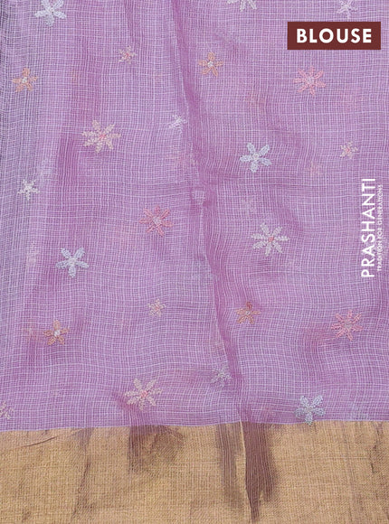 Silk kota saree lavender with allover floral embroidery work and zari woven border