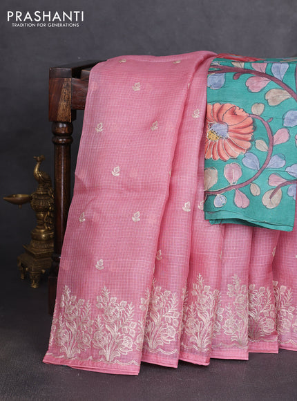 Silk kota saree peach pink with pita work and kalamkari prints & pita work blouse