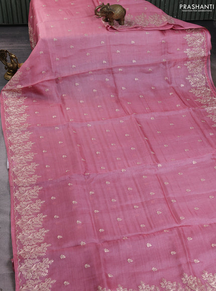 Silk kota saree peach pink with pita work and kalamkari prints & pita work blouse